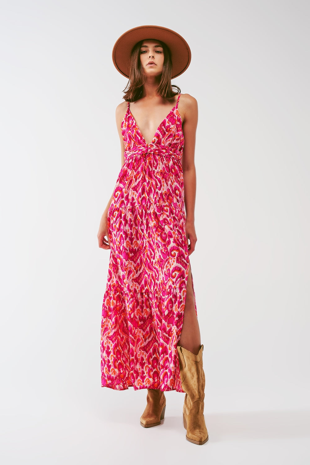 Q2 Vestido largo con estampado floral y escote en V en rosa