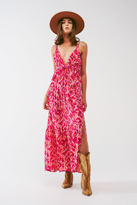 Q2 Vestido largo con estampado floral y escote en V en rosa