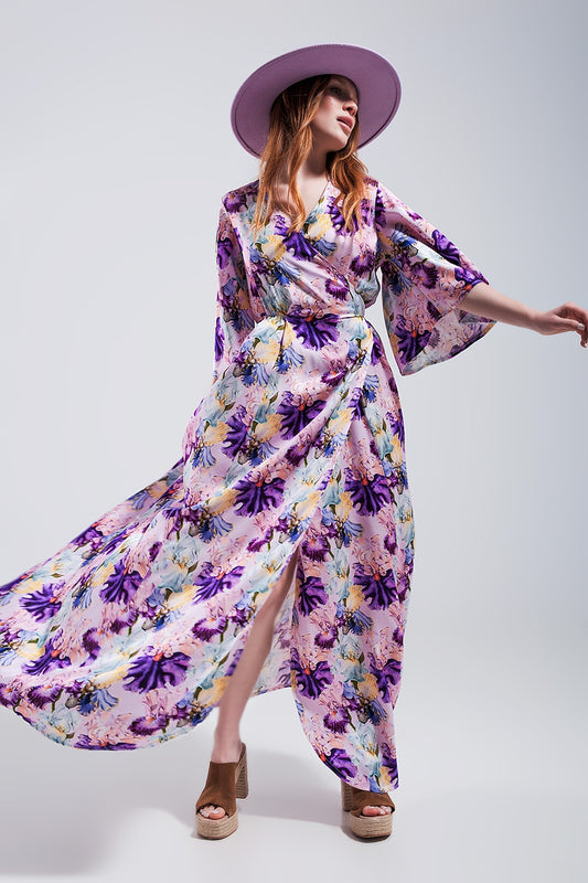 Q2 Vestido largo con estampado floral y mangas con vuelo morado