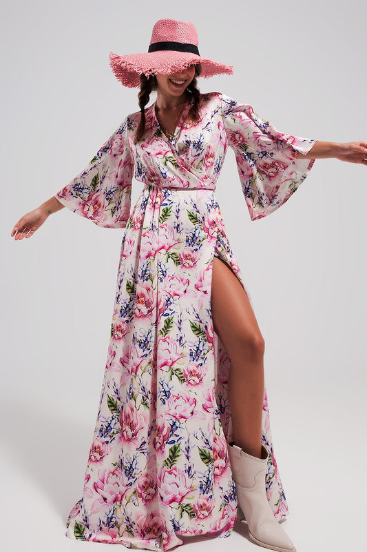 Q2 Vestido largo con estampado floral y mangas con vuelo rosa