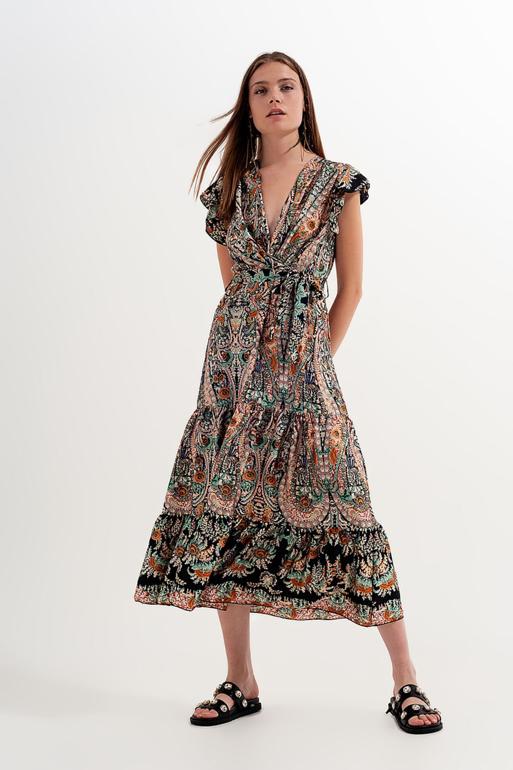 Vestido largo con falda escalonada y estampado de cachemir Q2