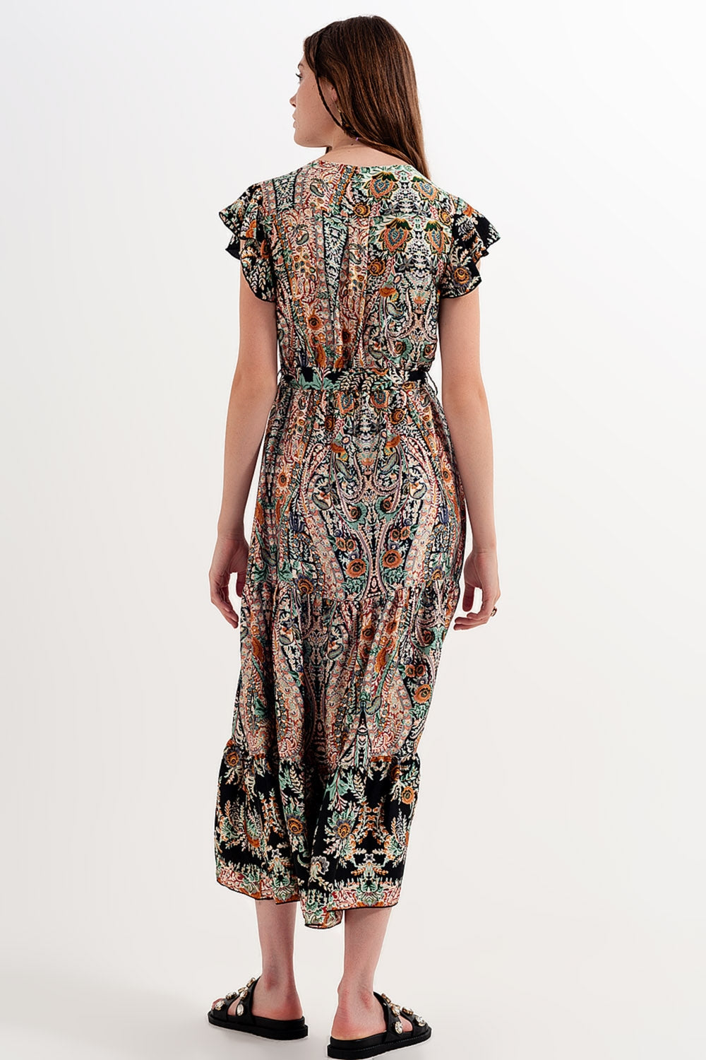Vestido largo con falda escalonada y estampado de cachemir Q2
