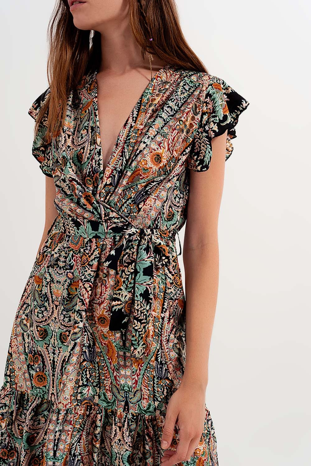 Vestido largo con falda escalonada y estampado de cachemir Q2