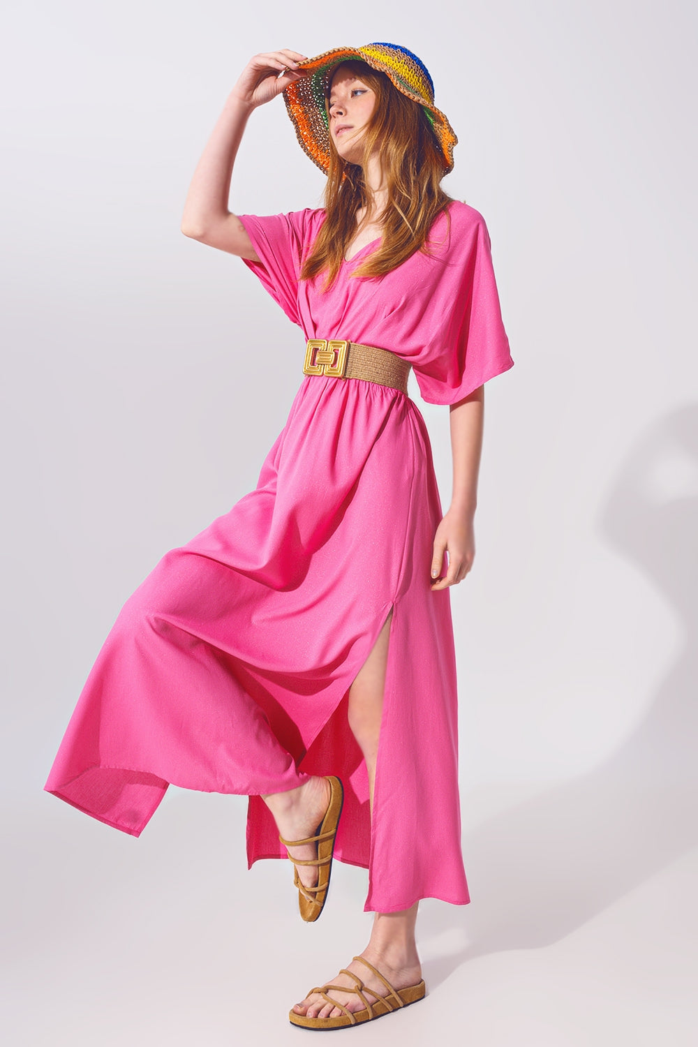Vestido largo con manga kimono en rosa Q2
