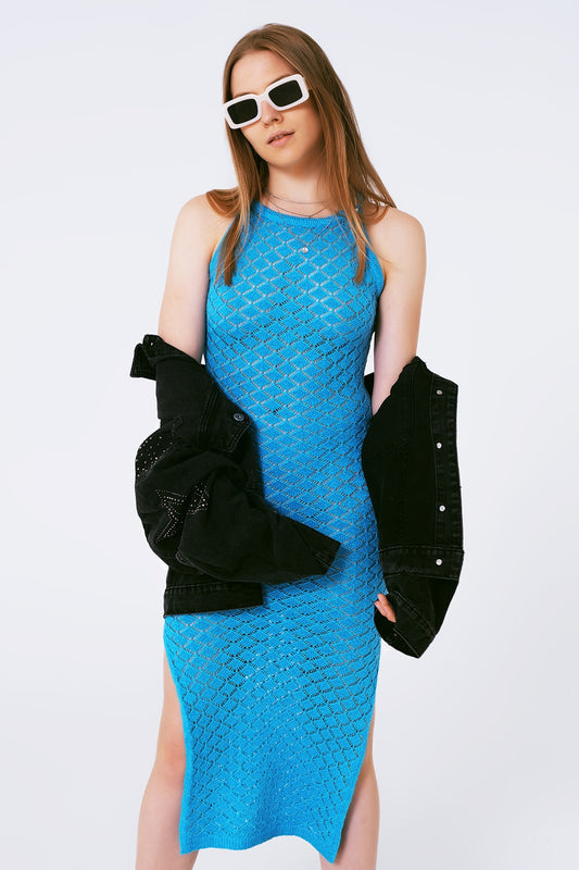 Q2 Vestido largo de crochet en azul
