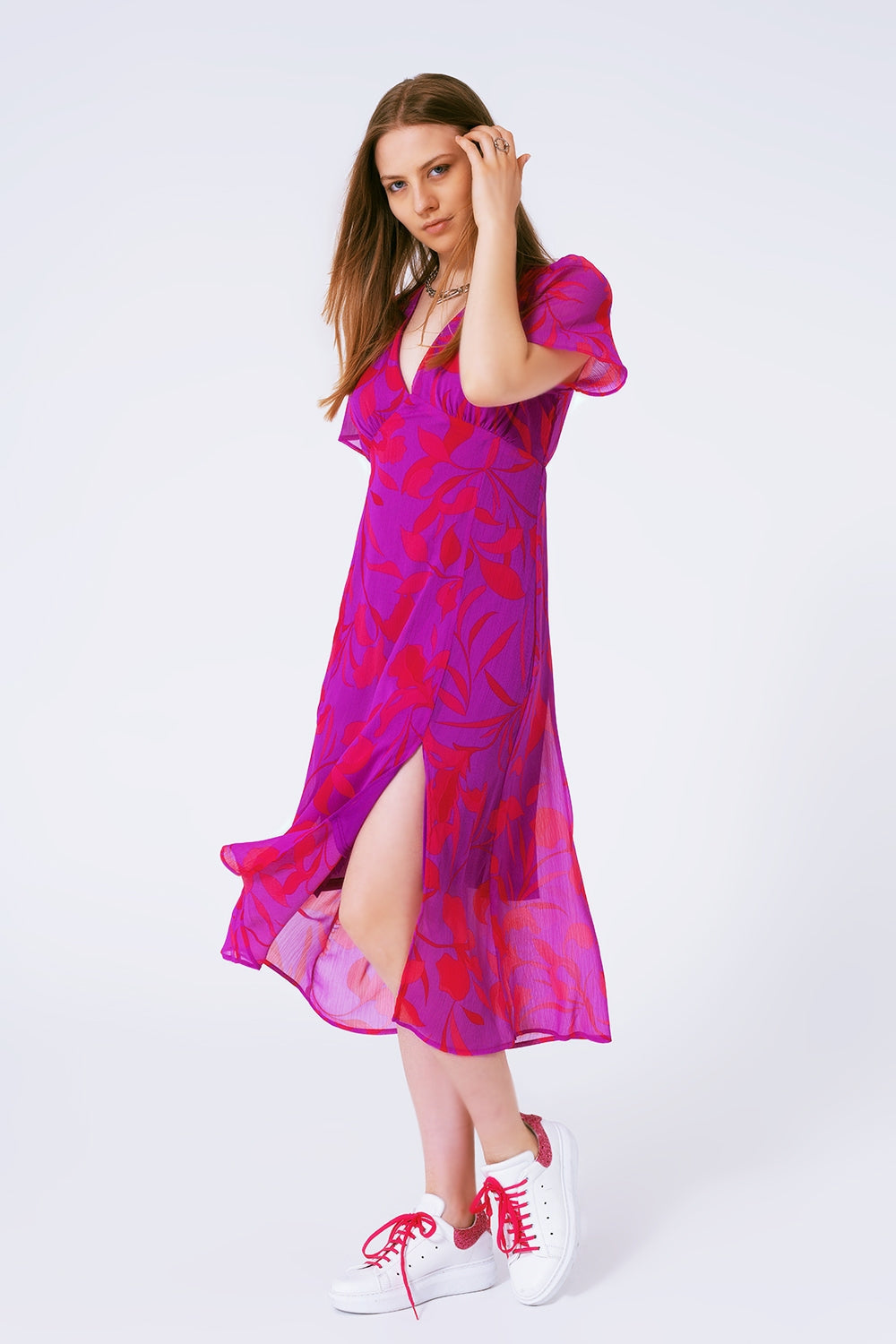 Vestido largo de gasa estampado de flores en manga corta Q2