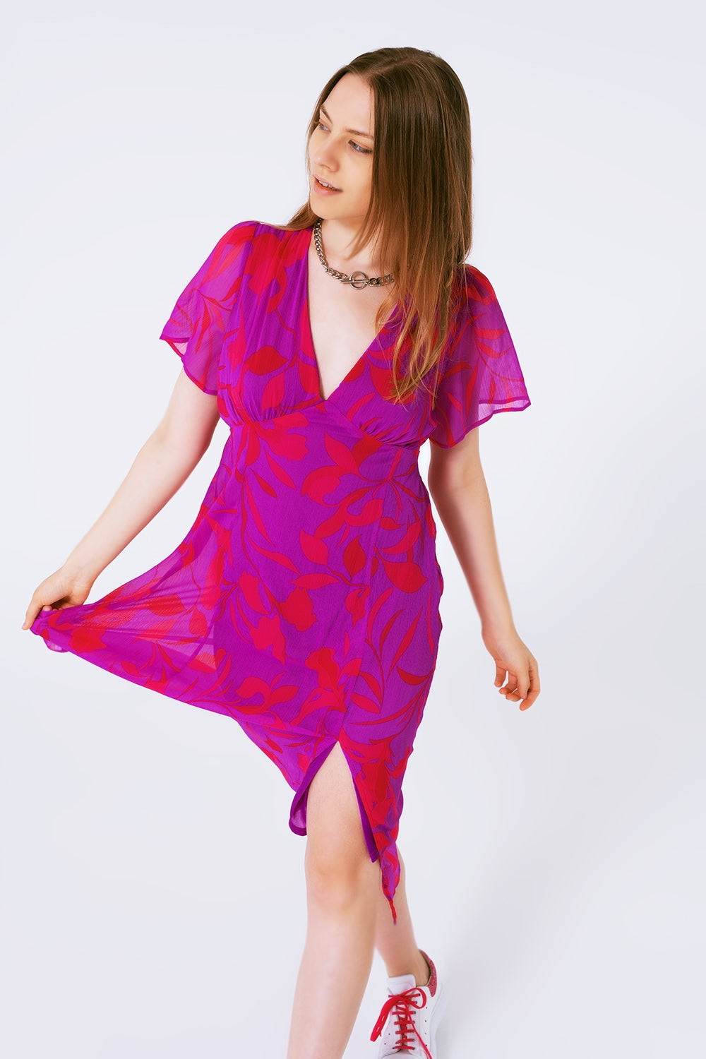 Vestido largo de gasa estampado de flores en manga corta Q2