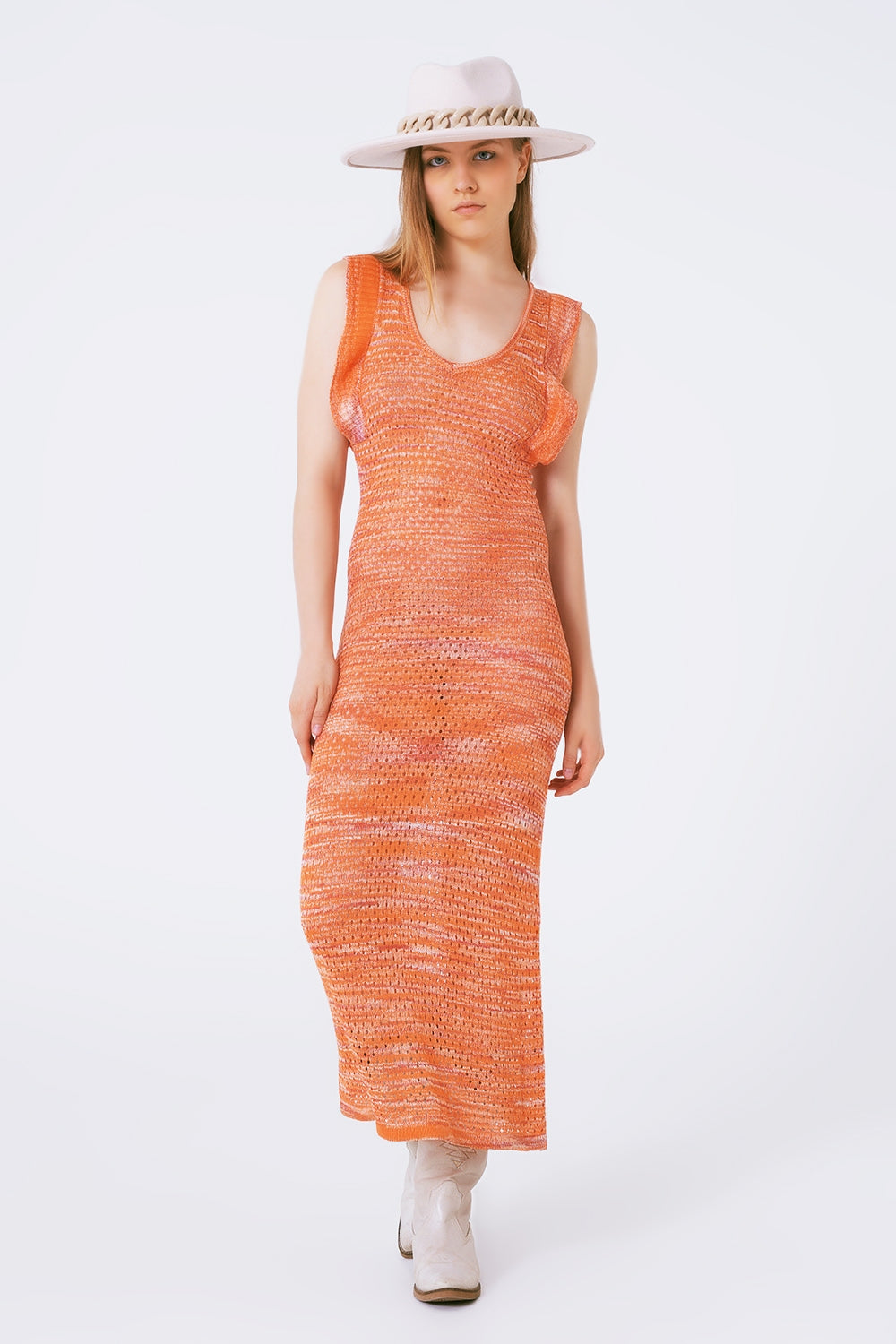 Vestido largo de punto con volante en el pecho en naranja melange Q2