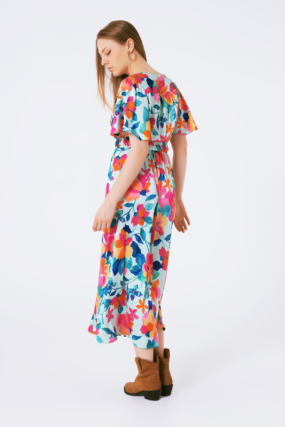 vestido largo de satén suave con cinturón y estampado de flores Q2