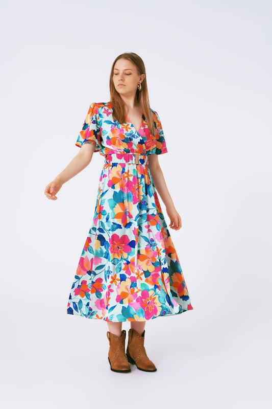 Q2 vestido largo de satén suave con cinturón y estampado de flores