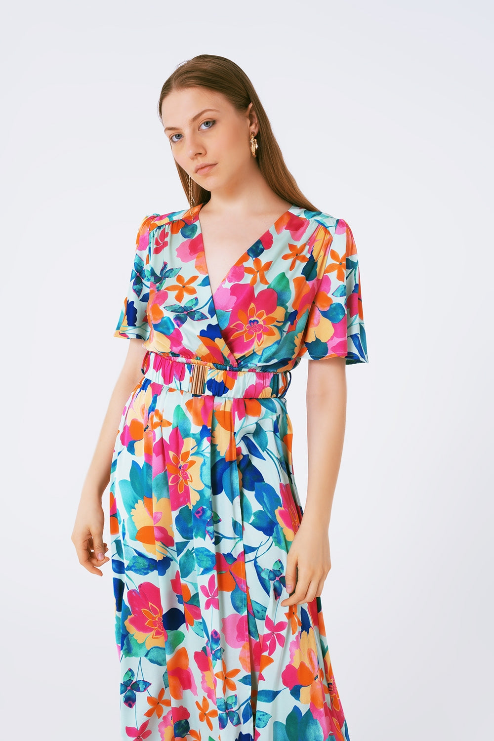 vestido largo de satén suave con cinturón y estampado de flores Q2