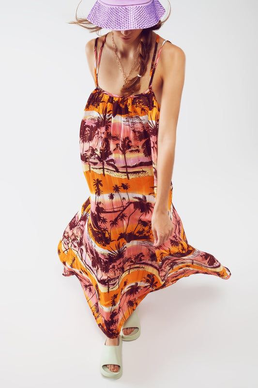 Q2 Vestido largo maxi de espalda abierta con estampado tropical en rosa