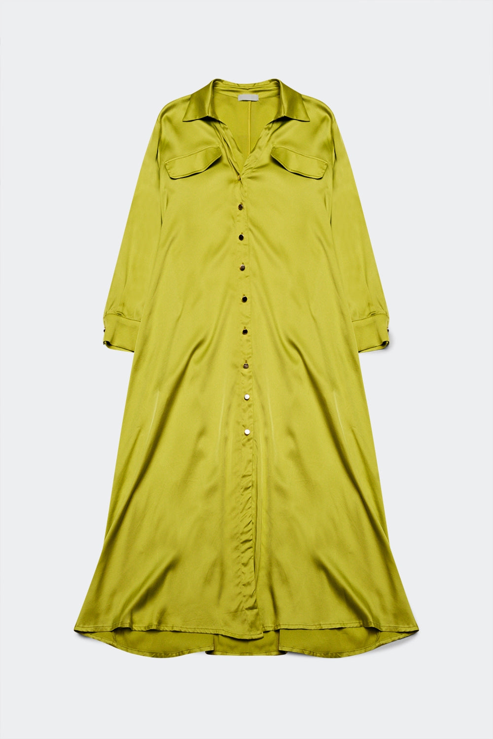 Q2 Vestido largo verde lima de saten con botones y detalle de bolsillos