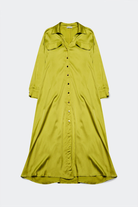 Q2 Vestido largo verde lima de saten con botones y detalle de bolsillos
