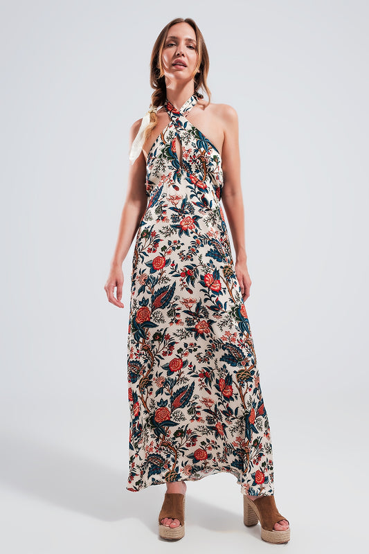 Q2 Vestido maxi con estampado de cachemir y cuello halter beige