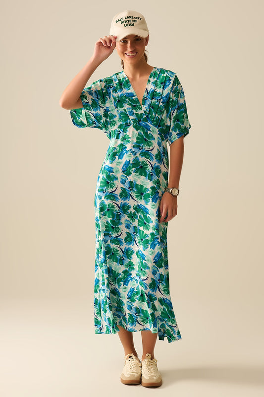 Q2 Vestido maxi con estampado floral en tejido de satén con mangas caídas