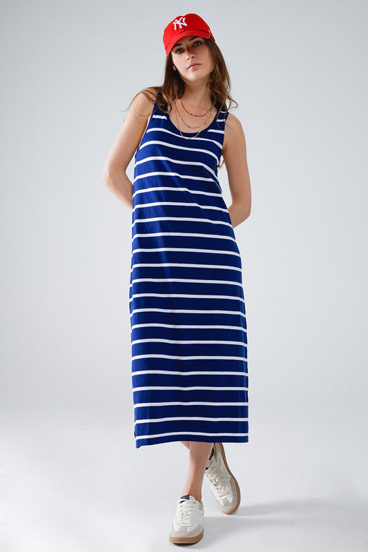 Q2 Vestido maxi De Tirantes Con Cuello Redondo En Azul Marino Con Rayas Blancas