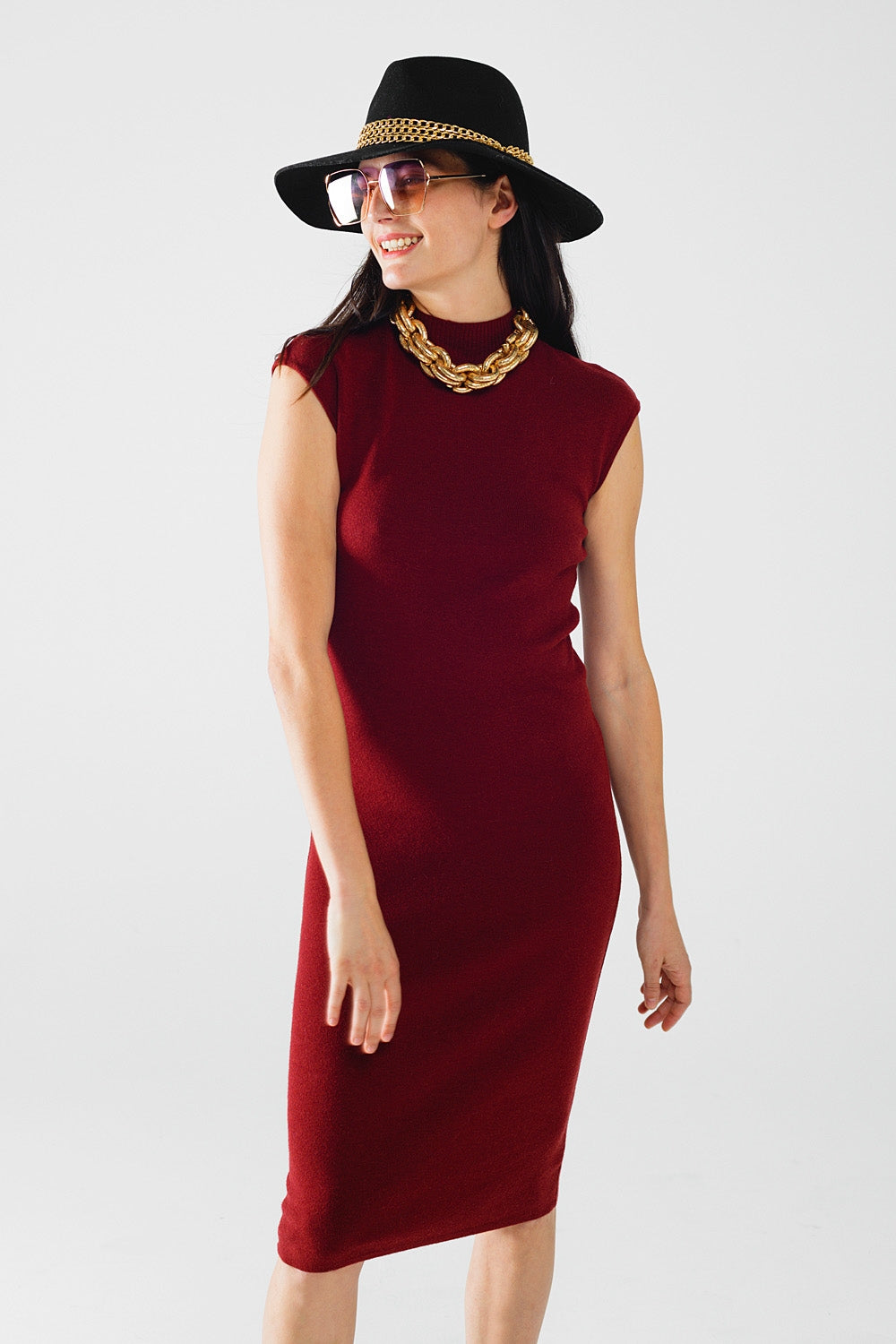 vestido midi burdeos ajustado sin mangas Q2