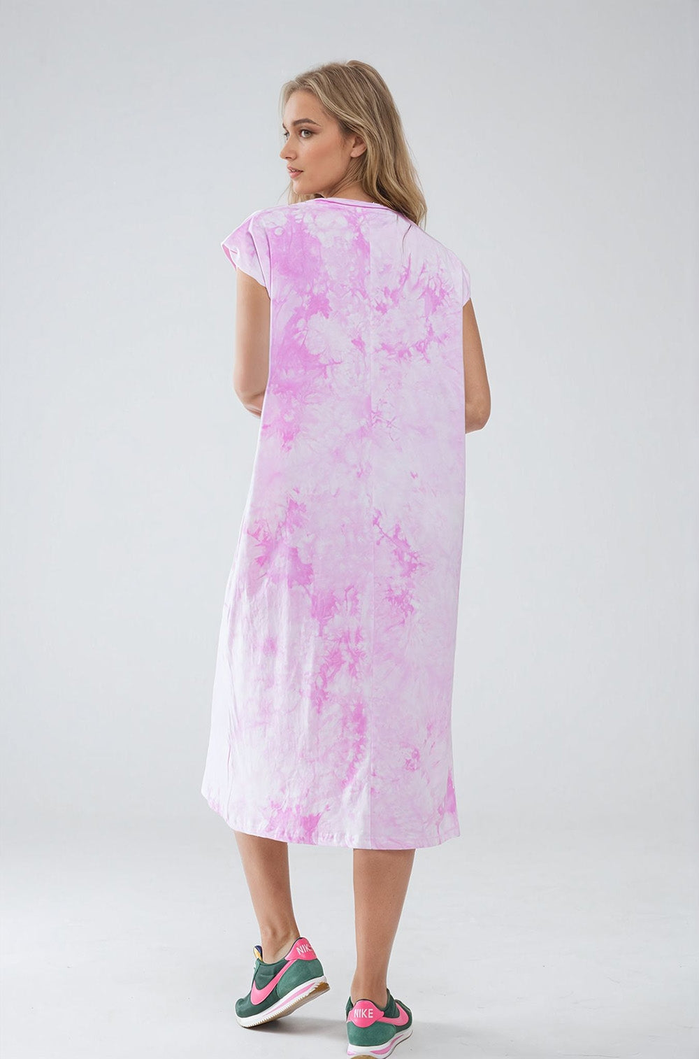 Vestido Midi Camisa Teñido Anudado en Rosa Q2