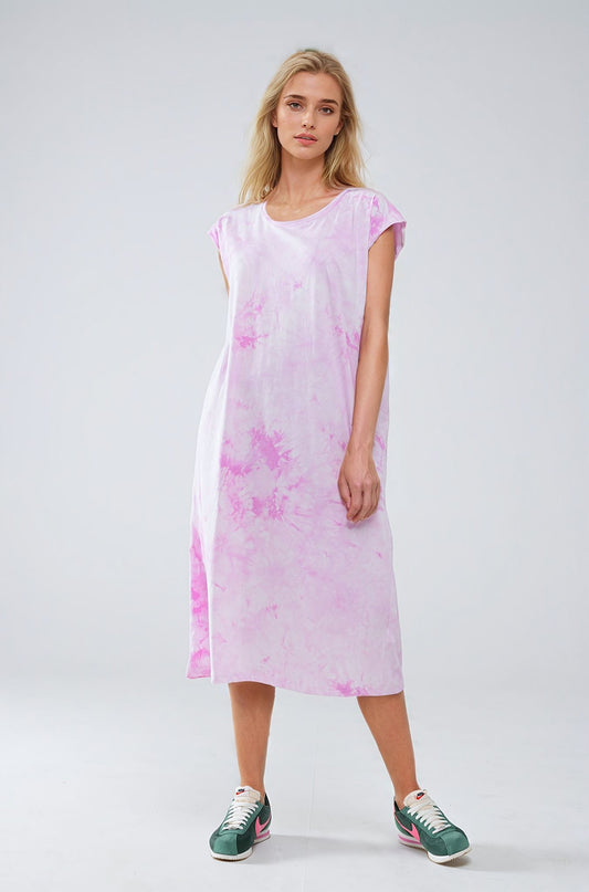 Q2 Vestido Midi Camisa Teñido Anudado en Rosa