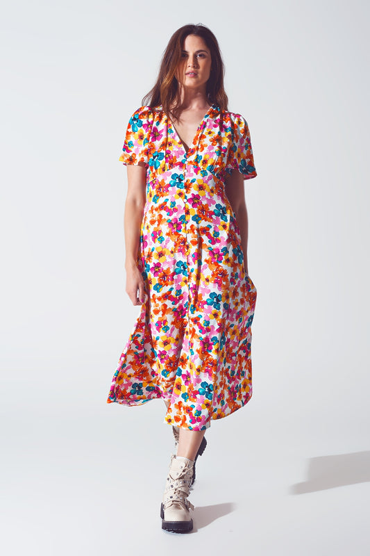 Q2 Vestido midi con cintura ajustada en estampado floral multicolor