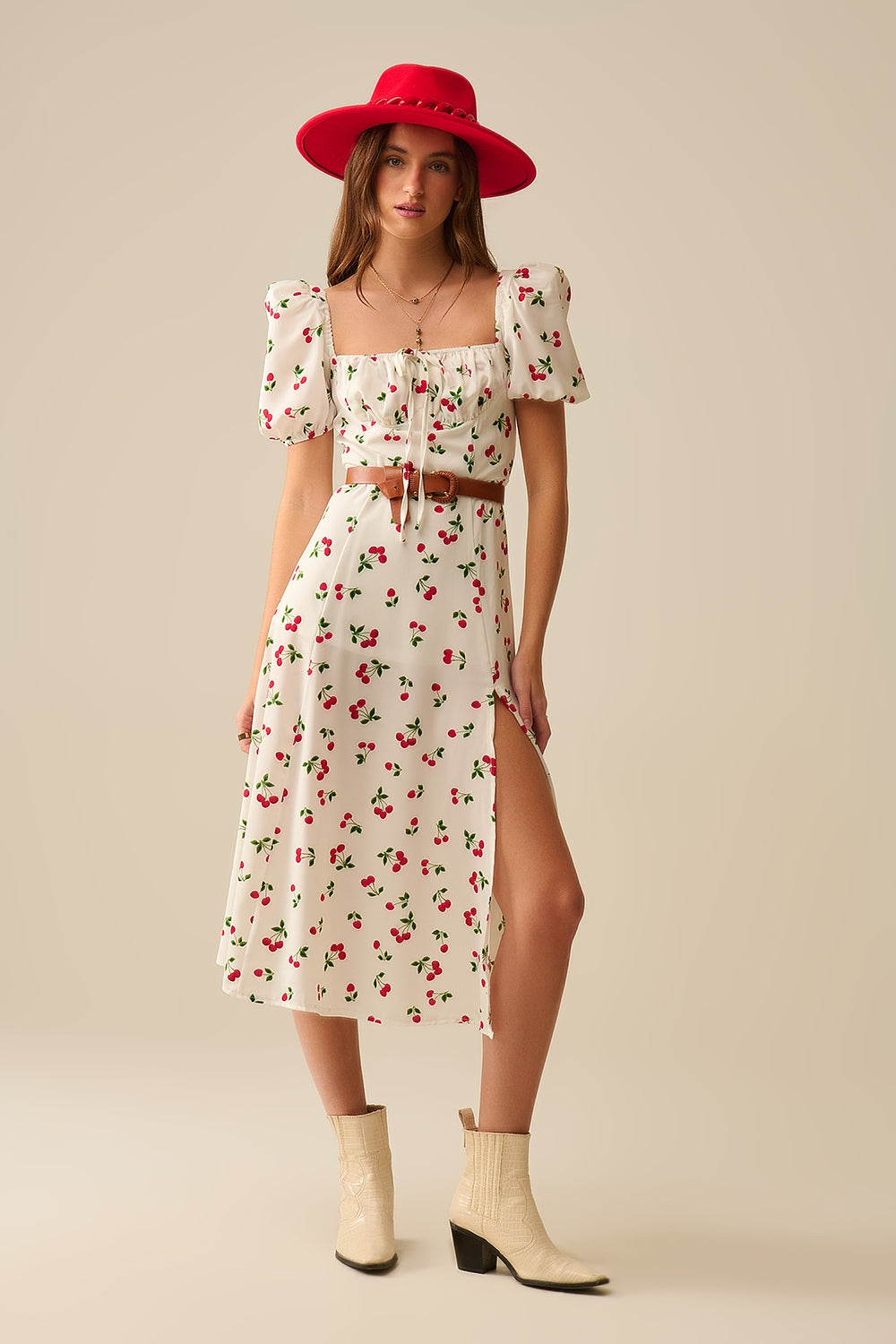 Q2 Vestido midi con estampado de cerezas y mangas abullonadas