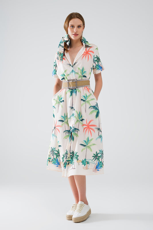 Q2 Vestido midi crema con estampado playero y cuello polo
