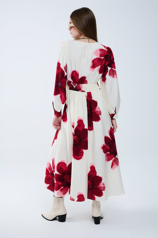 Vestido midi cruzado beige con estampado floral tropical rojo y mangas largas Q2