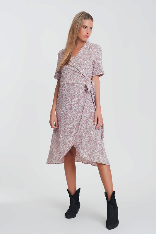 Q2 Vestido midi cruzado con estampado floral  en rosa