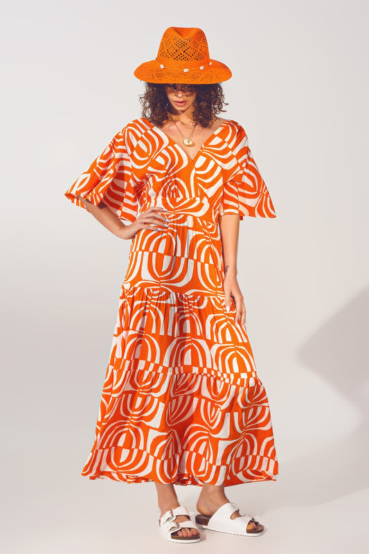 Q2 Vestido Midi Cuello V Estampado Naranja