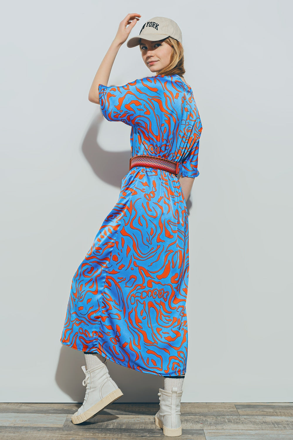 Vestido Midi de Satén con Cuello en V en Azul Q2
