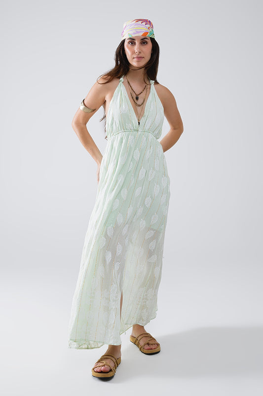 Q2 Vestido Midi Halter con estampado de hojas color menta y detalles de lúrex