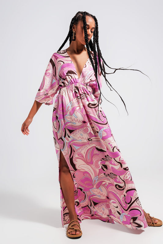 Q2 Vestido midi rosa con detalles fruncidos en la cintura y lazada en la espalda
