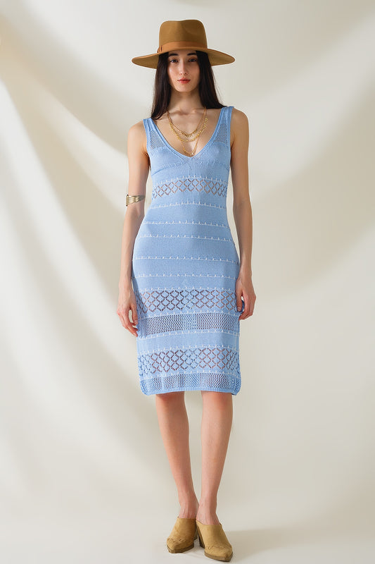 Q2 Vestido midi sin mangas azul bebé con escote en pico y diseño de ganchillo