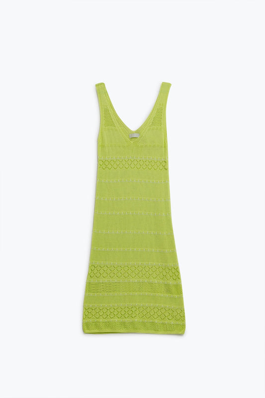 Q2 Vestido midi sin mangas de color lima con escote en v y diseño de crochet