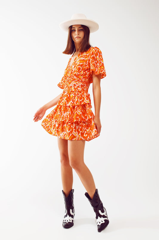 Q2 Vestido mini con escote en V y estampado floral en naranja