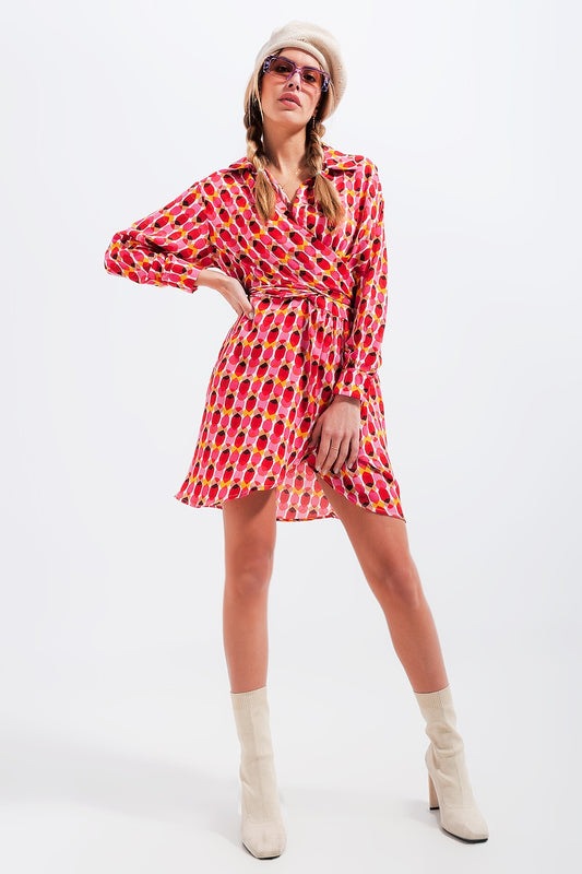 Q2 Vestido mini rojo con estampado lazada en la cintura y botones en la parte delantera