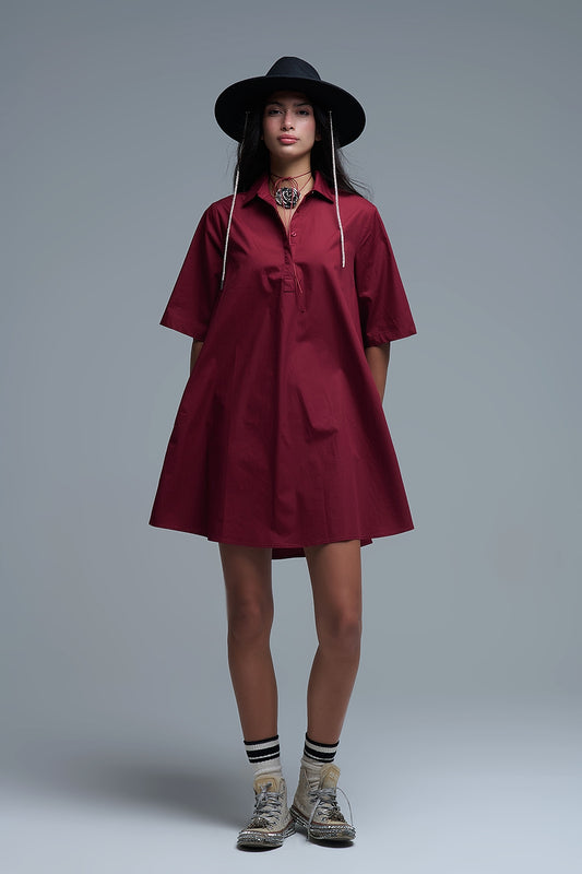 Q2 Vestido oversize de popelina de manga 3/4 burdeos