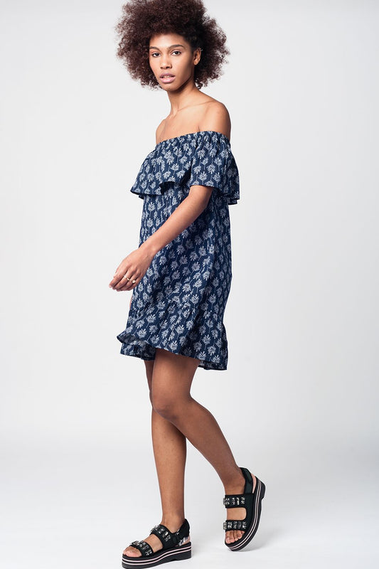 Q2 Vestido playa midi azul marino con hombros decubiertos
