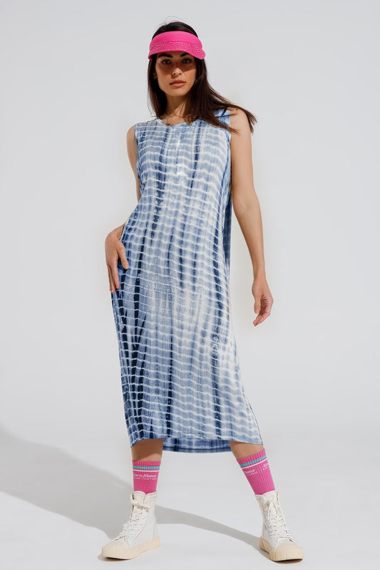 Q2 Vestido relajado maxi Tie dye en tonos azules