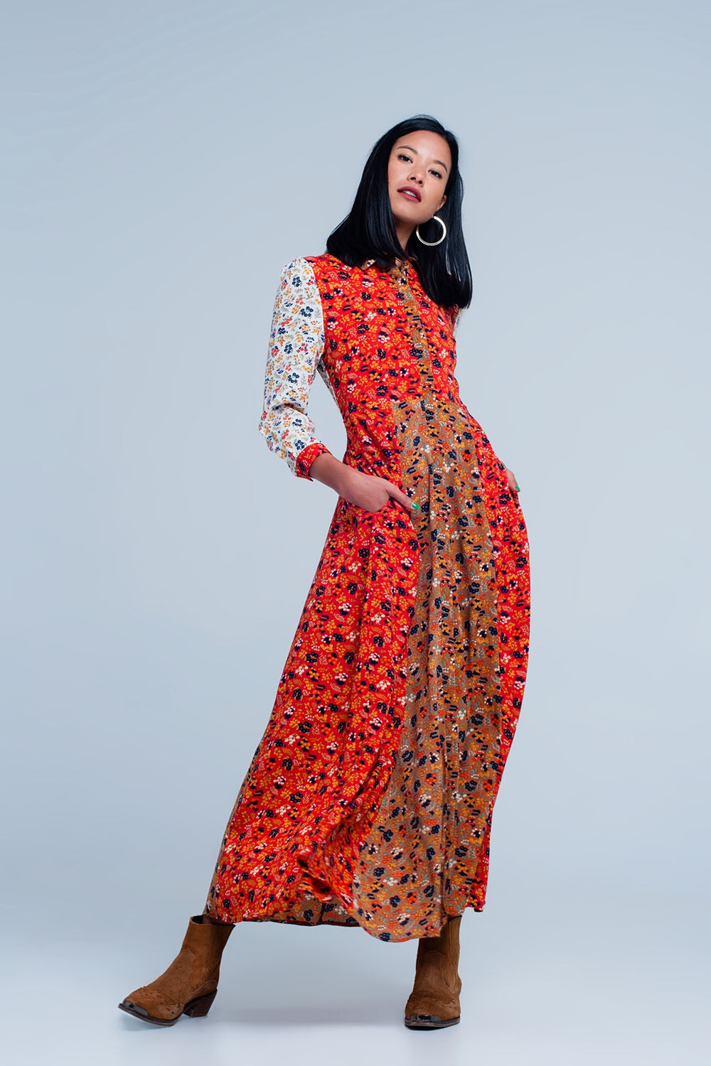 Q2 Vestido Rojo camisero de manga larga con flores de jardín