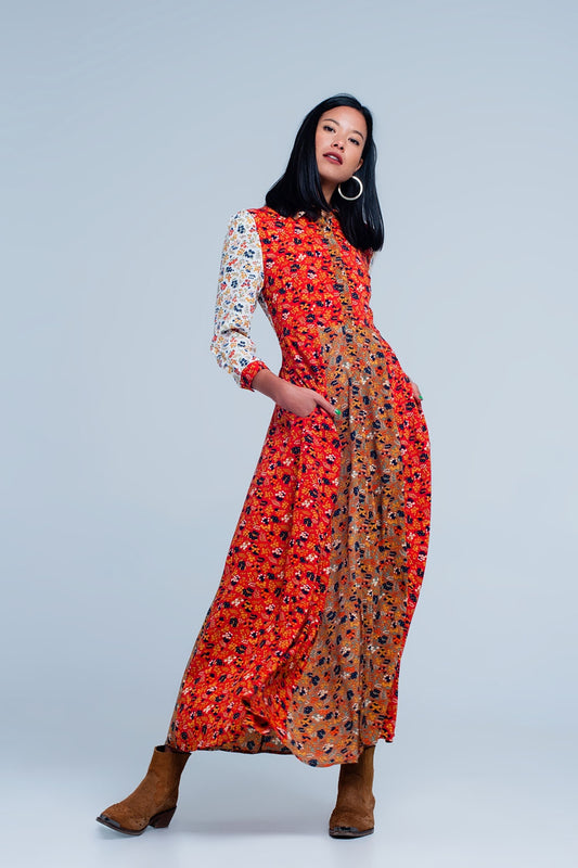 Q2 Vestido Rojo camisero de manga larga con flores de jardín
