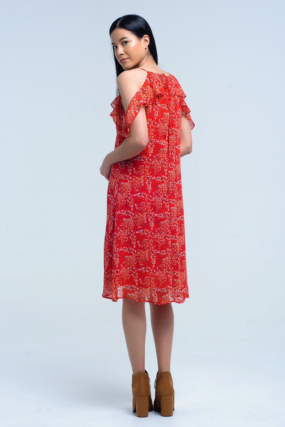 Vestido rojo con flores impresas y volantes Q2