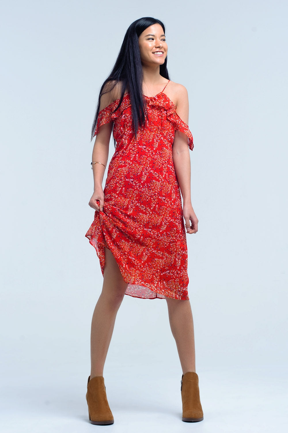 Vestido rojo con flores impresas y volantes Q2