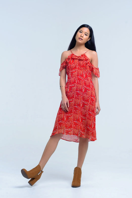 Q2 Vestido rojo con flores impresas y volantes