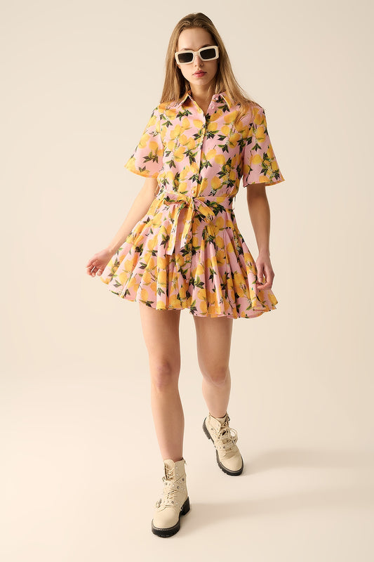 Q2 Vestido romántico con cinturilla y estampado de limones y mangas cortas en rosa