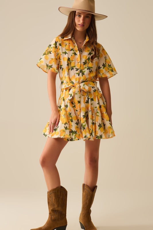 Q2 Vestido romántico con cinturilla y estampado de limones y mangas cortas
