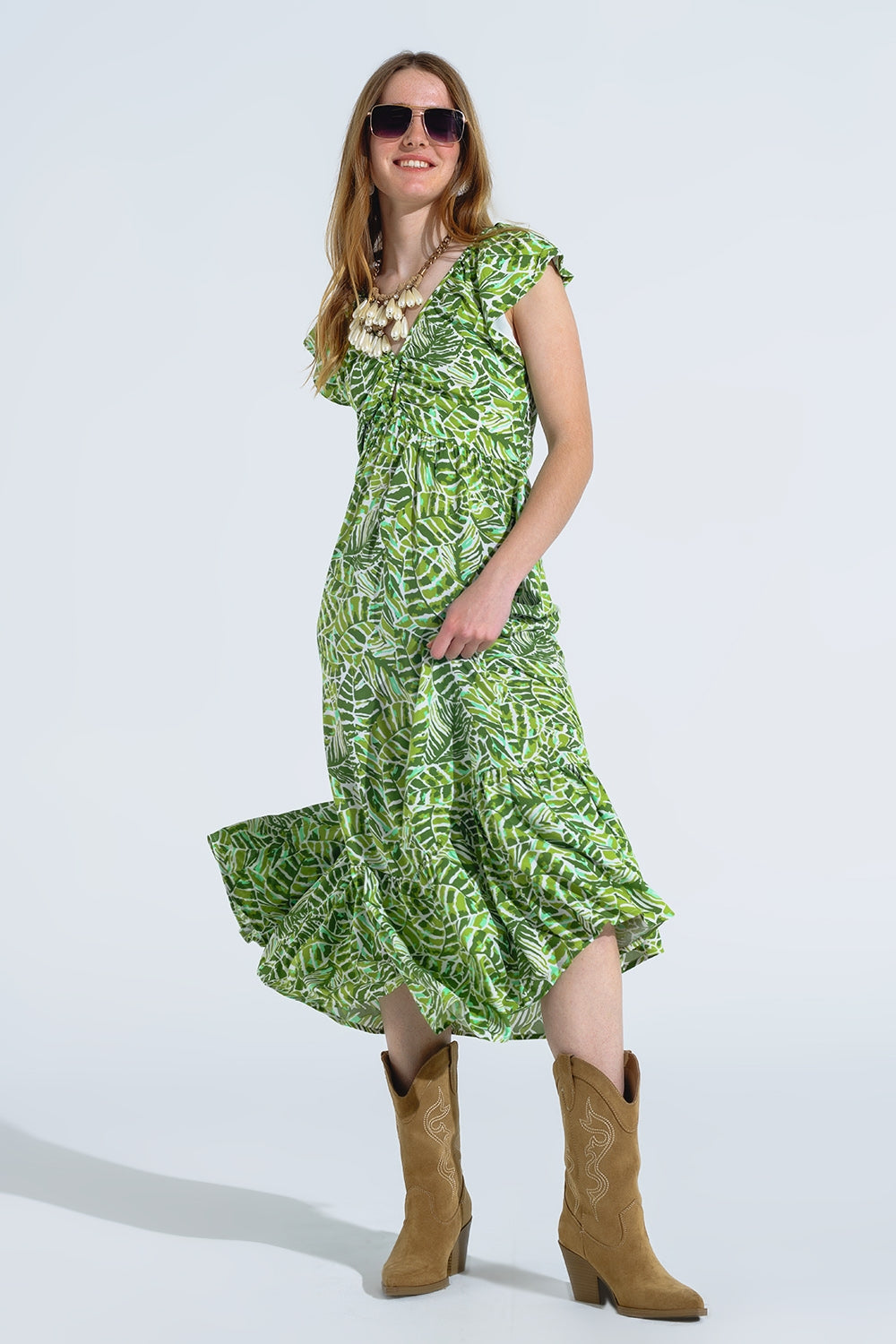 Vestido romántico midi con mangas cortas fruncidas en estampado de hojas verdes Q2