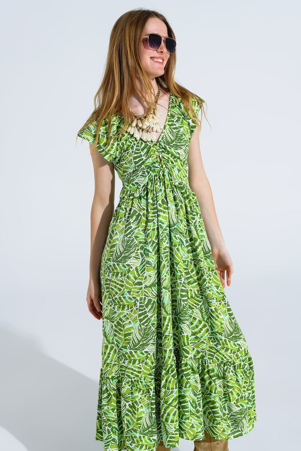 Vestido romántico midi con mangas cortas fruncidas en estampado de hojas verdes Q2