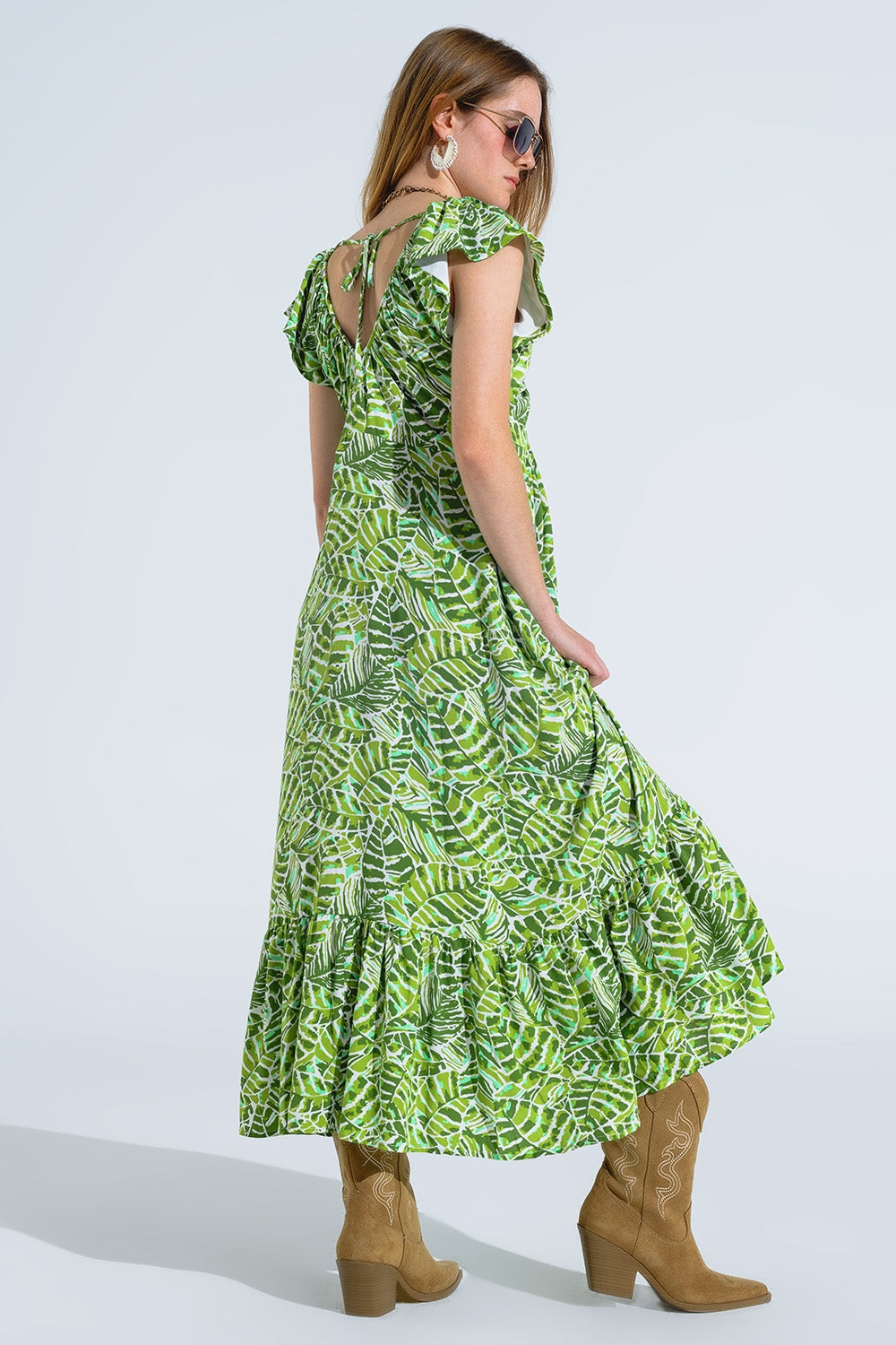 Vestido romántico midi con mangas cortas fruncidas en estampado de hojas verdes Q2